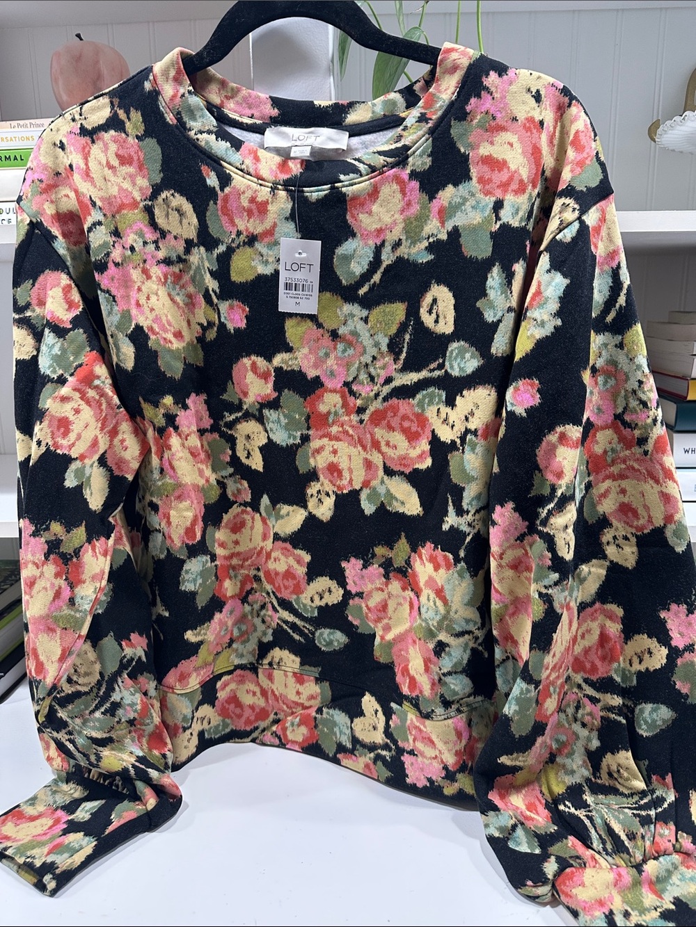 LOFT Black Floral Crewneck Sweatshirt with Pink, Cream and Green Roses